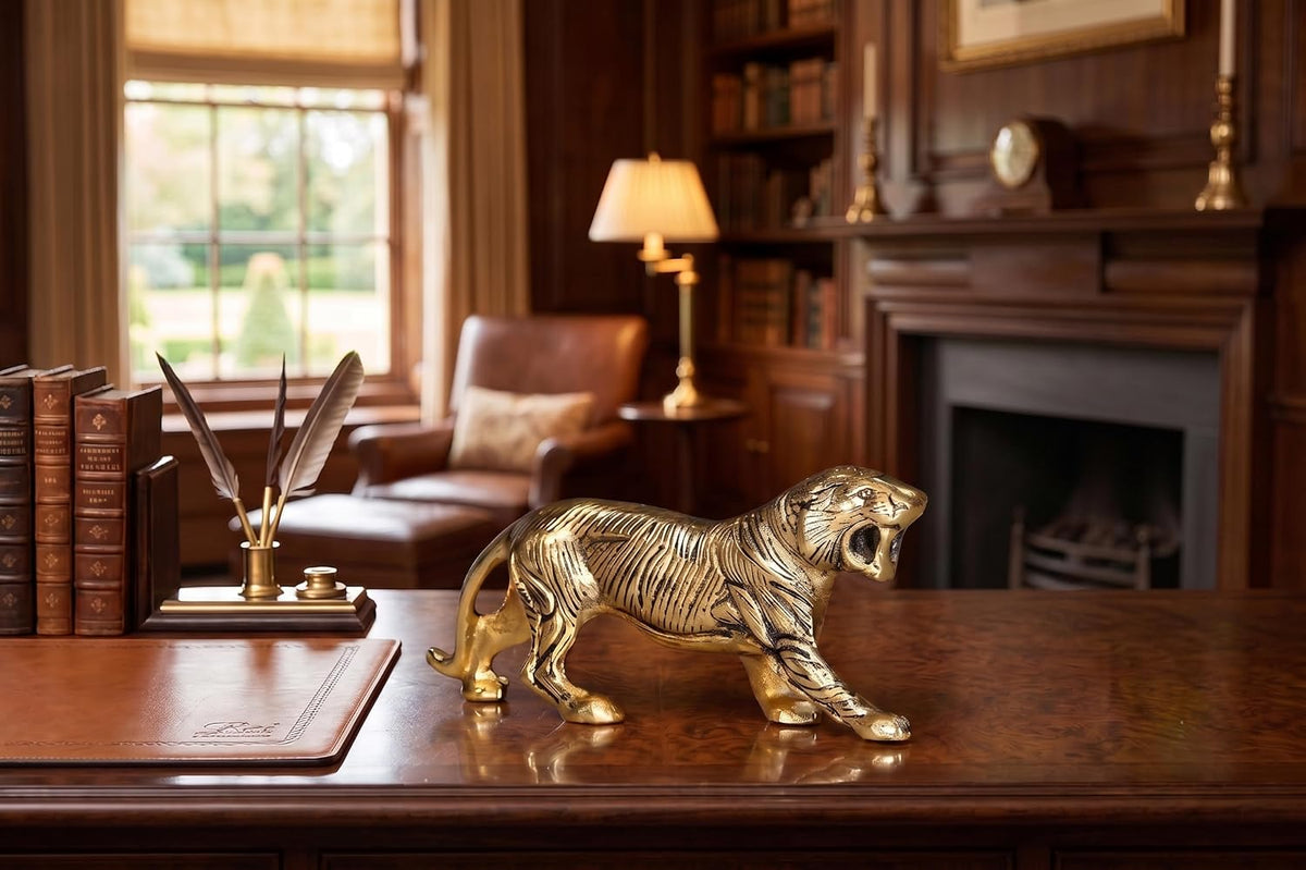 KridayKraft Golden Metal Antique Tiger/Jaguar/Panther/Sher Figurine Table Top Decorative,Feng Shui & Vanstu,Animal Showpiece Figurines...
