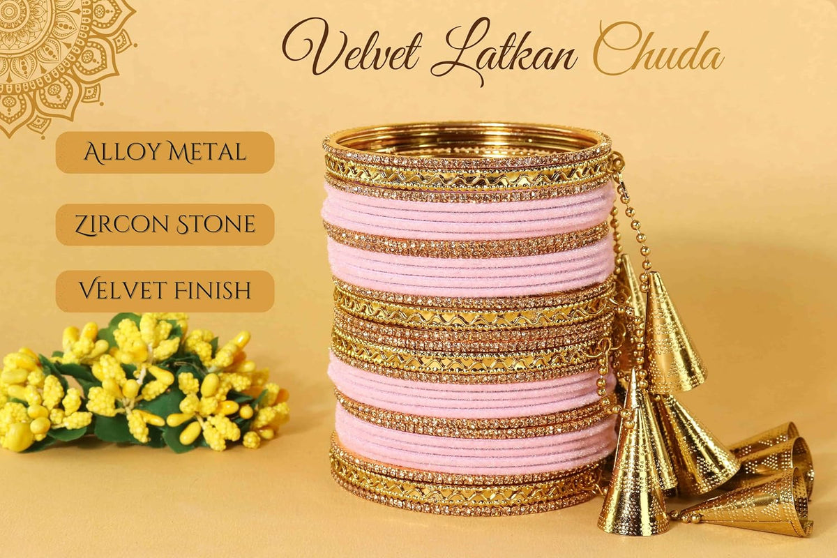 NMII Fancy Golden Latkan Metal Bangles Set For Women & Girls with Zircon Diamond & Velvet Finish | Stylish Women's Chuda Bangles | Girl's Bangles Bracelet For Wedding, Party, Occasion Wear-Set of 32