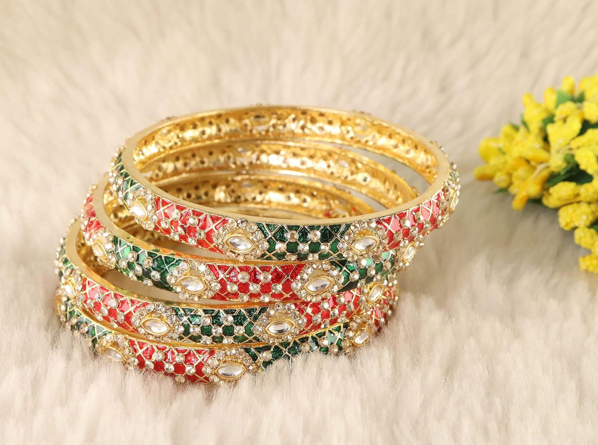 NMII Fancy Alloy Kada Set with Zircon Gemstone & Meenakari Work For Women & Girls | Eye Stone Work Stylish Kangan Set | Traditional Bangles For Wedding, Party, Festival Fashion Jewelry Gift