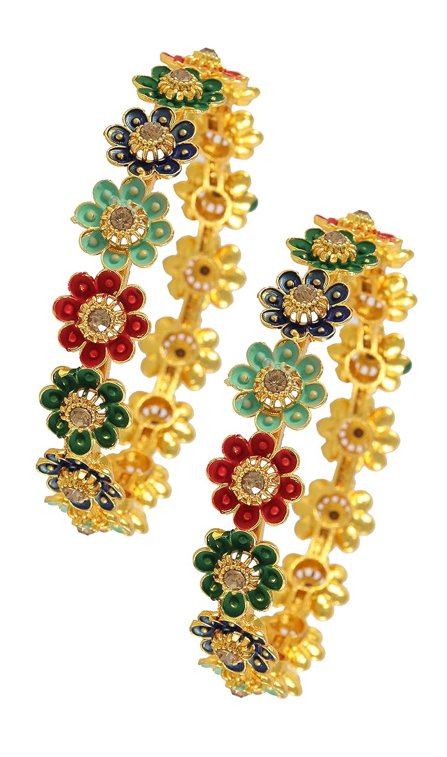 NMII Non-Precious Metal Base Metal with Zircon Gemstone Or Leaf Shaped Beads and Flower Shaped Glossy Finished Kada Set For Women and Girls