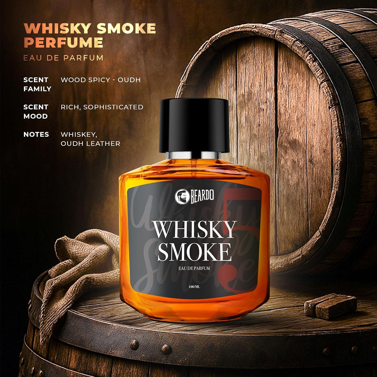 Beardo Whisky Smoke Eau De Parfum Men Spicy, Woody - Oudh Perfume For Men Long Lasting, Date Night Fragrance Body Spray For Men, 100ml
