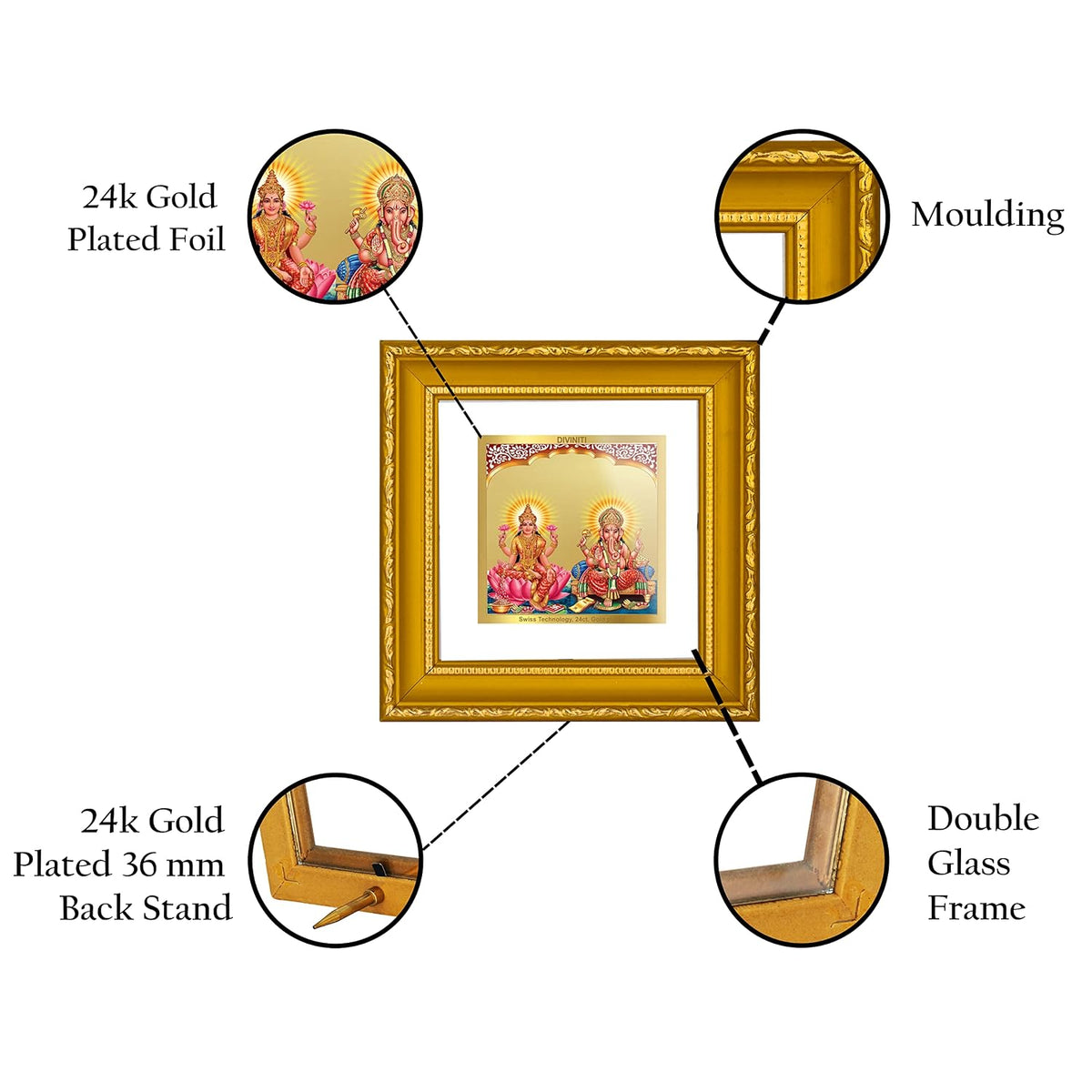 DIVINITI Lakshmi & Ganesha Gold Plated Wall Photo Frame, Table Décor| DG Frame 101 Size 1A and 24K Gold Plated Foil| Religious Photo Frame Idol For Pooja, Gifts Items (10 CM X 10 CM)
