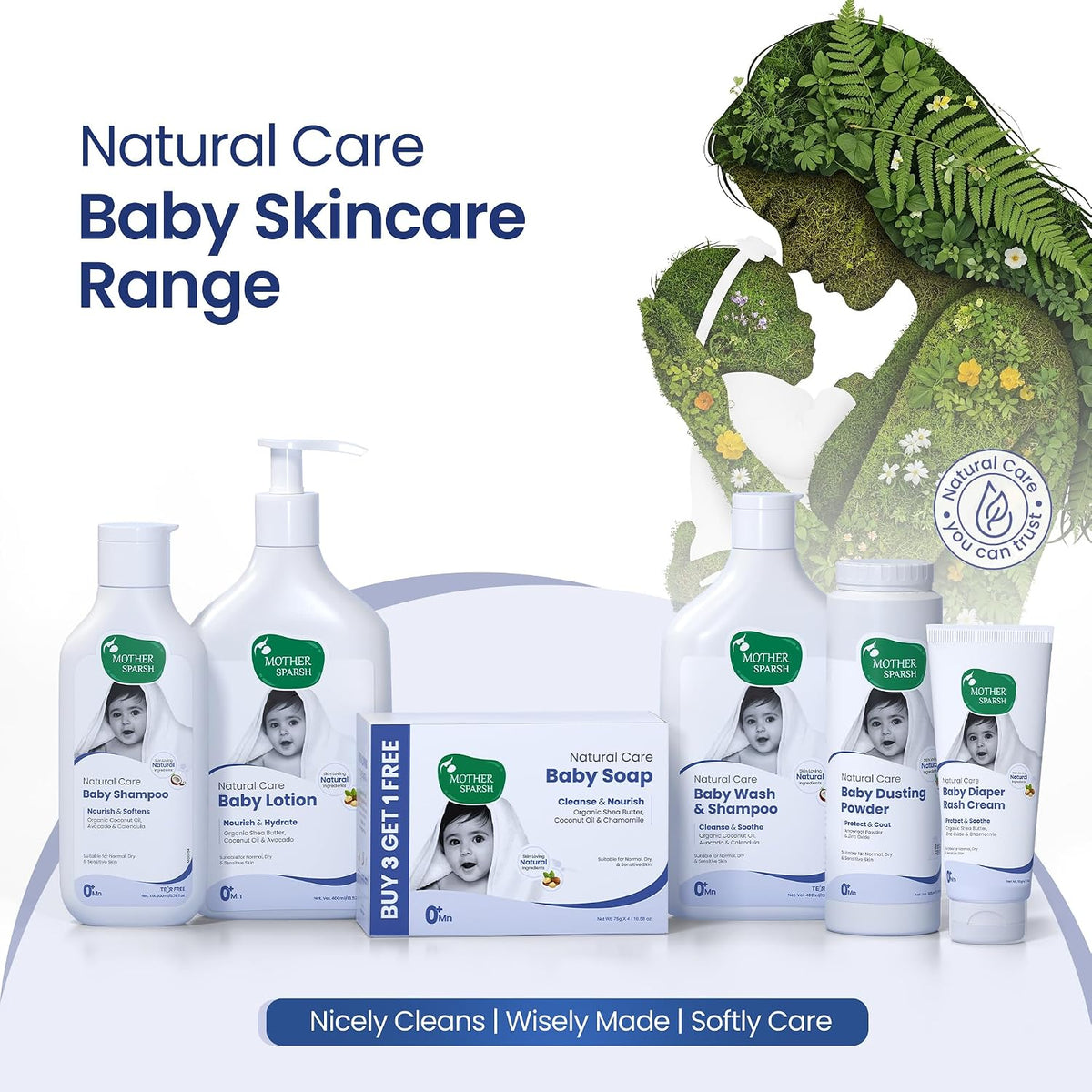 Mother Sparsh Natural Care Baby Soap-75g x 4 | Pack of 4 Soap for Babies with Chamomile, Shea Butter & Coconut Oil | Gently Cleanses Baby's Skin