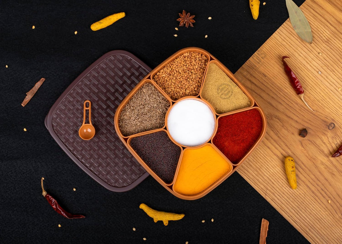 E-COSMOS® Plastic Square 7 Sections Multipurpose Masala Rangoli Dabba Box Set, Spice Box Set - Brown (Masala Box - 7 in 1)