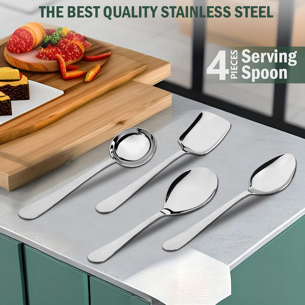 Parage 4 Pieces Stainless Steel Serving Spoons Set for Dining Table/Kitchen, 1.8 mm Heavy Gauge (1 Soup Ladle (Karchi), 1 Solid Spoon (Chamcha), 2 Rice/Serving Spoons), Silver (Pack of 4)