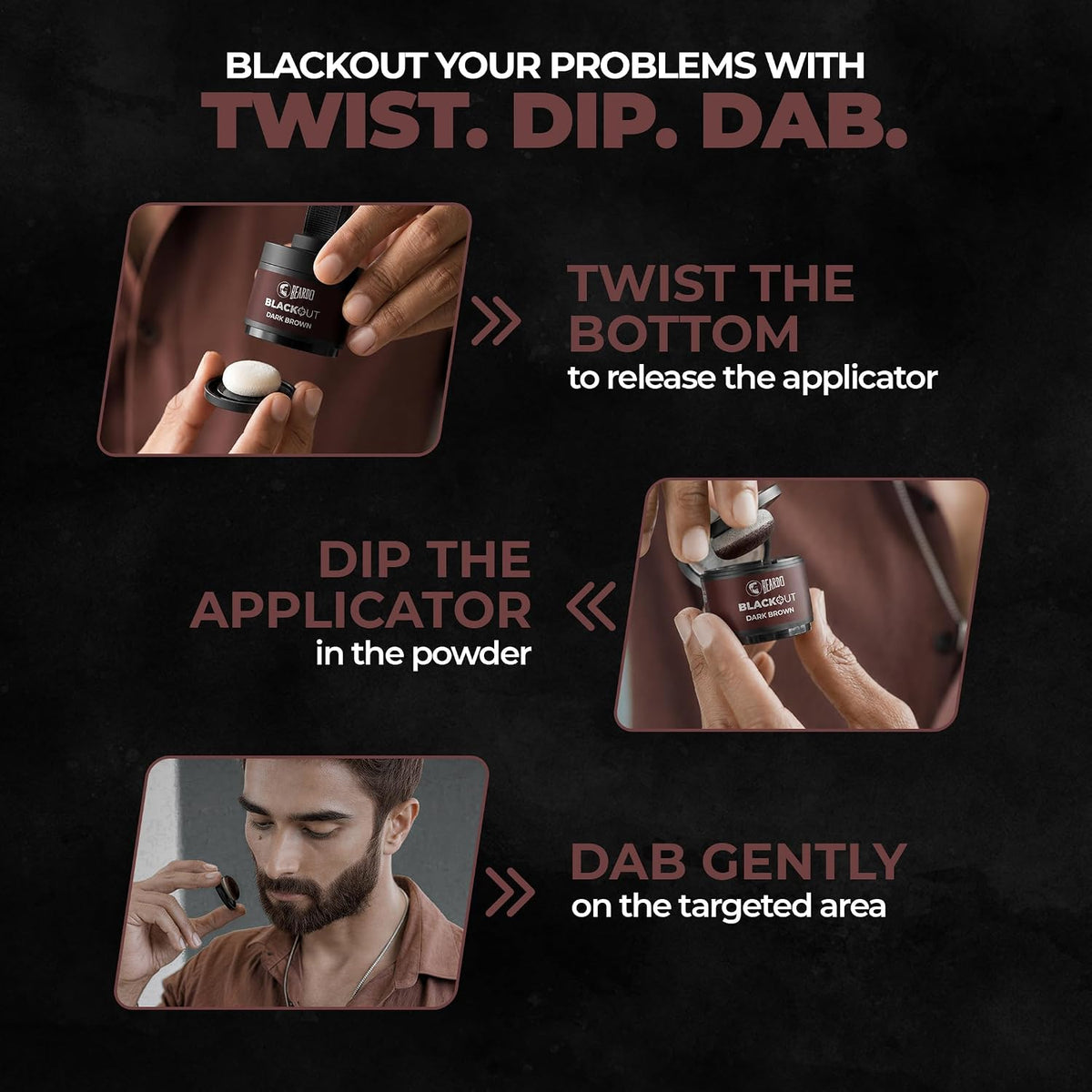 Beardo Blackout Hair Powder 4g - Brown | Root Touch Up for Grey Hair | Instantly Covers Grey Roots, Beard Patches & Bald Spots | Thick Brown Fiber Hairline Powder | Highly Pigmented, Long-Lasting & Matte Finish | Root Cover-up