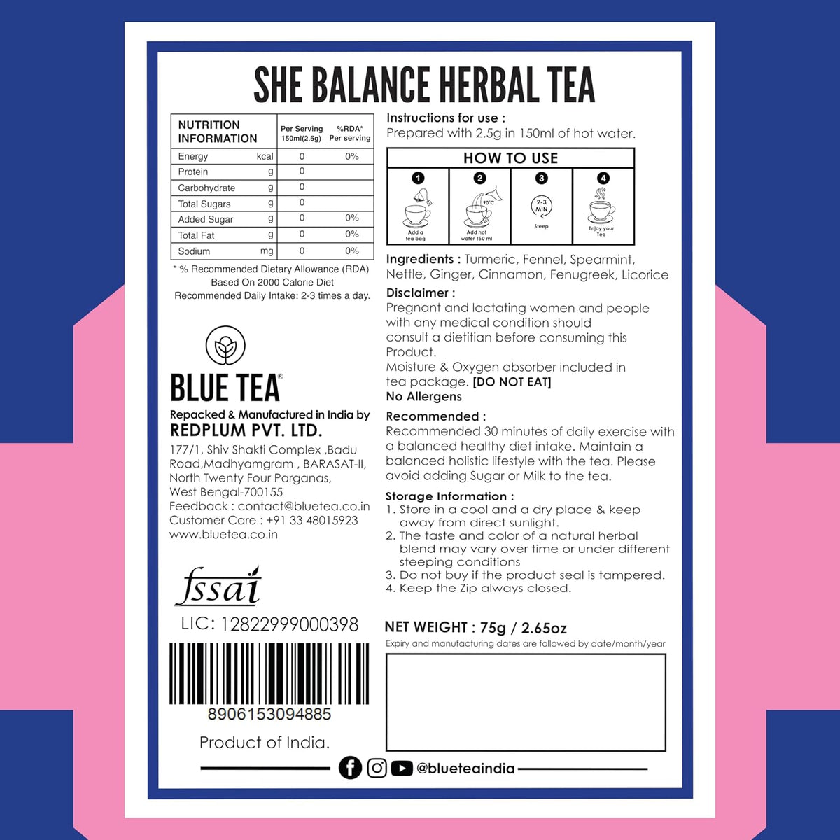 BLUE TEA - She Balance Tea - 30 Tea Bags - Plant Based | PCOS & PCOD RELIEF | Helps in Balancing Hormones - Reduces Facial Hair | Caffeine Free - Herbal Tea | Ziplock Pack
