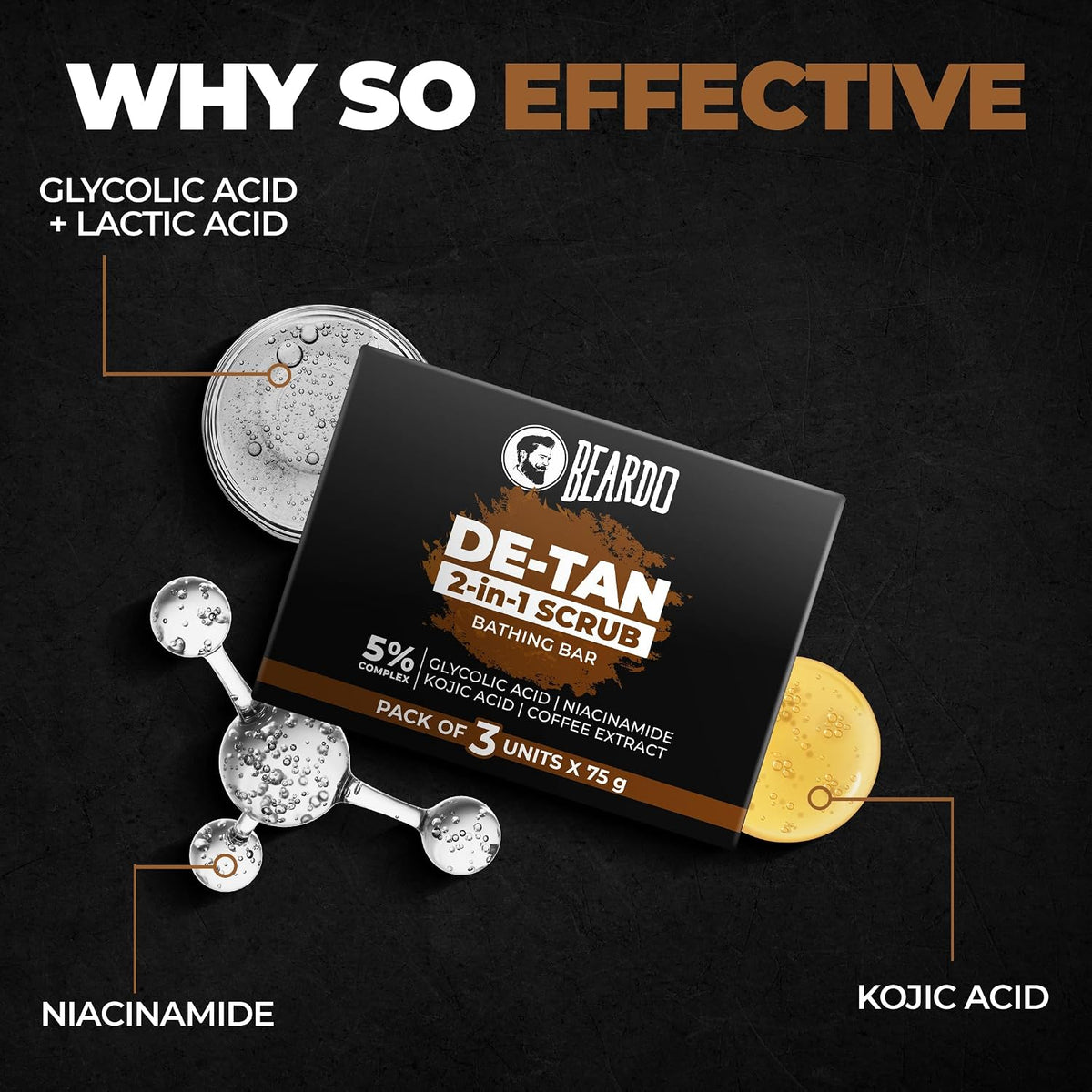 Beardo De-Tan 2-in-1 Scrub Bathing Bar for Men (75g X 3) | Dual Action Cleansing & Exfoliation | Niacinamide, Kojic Acid, Glycolic Acid & Coffee Extracts | Helps Remove Tan, Dirt & Dead Skin