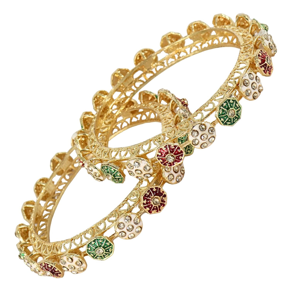 NMII Designer Alloy Metal Kada For Women & Girls | Gold Plated Floral Meenakari Kangan | Traditional Ethnic Jewellery | Wedding Party Stylish Fancy Kada Gift - Set Of 2