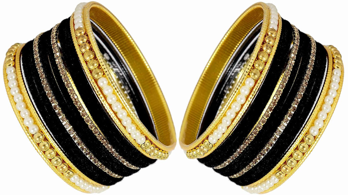 NMII Metal with Zircon Gemstone and Pearls Studded Velvet Bangle Set for Women and Girls