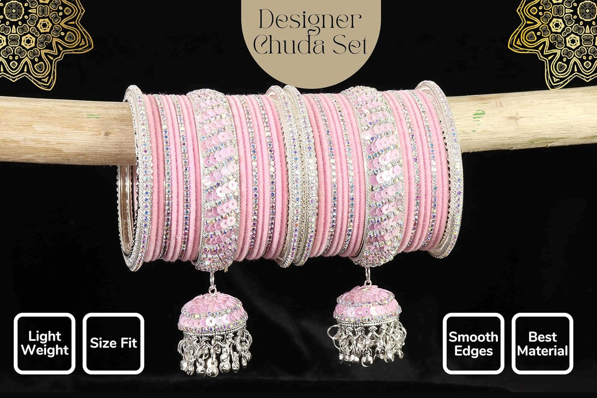 NMII Traditional Metal with Zircon Stone & Bells Jhumka Latkan Bangles For Women & Girls | Stylish Bangles Set with Latkan For Wedding | Women's Bangles | Chuda Set For Bridal- Set of 38
