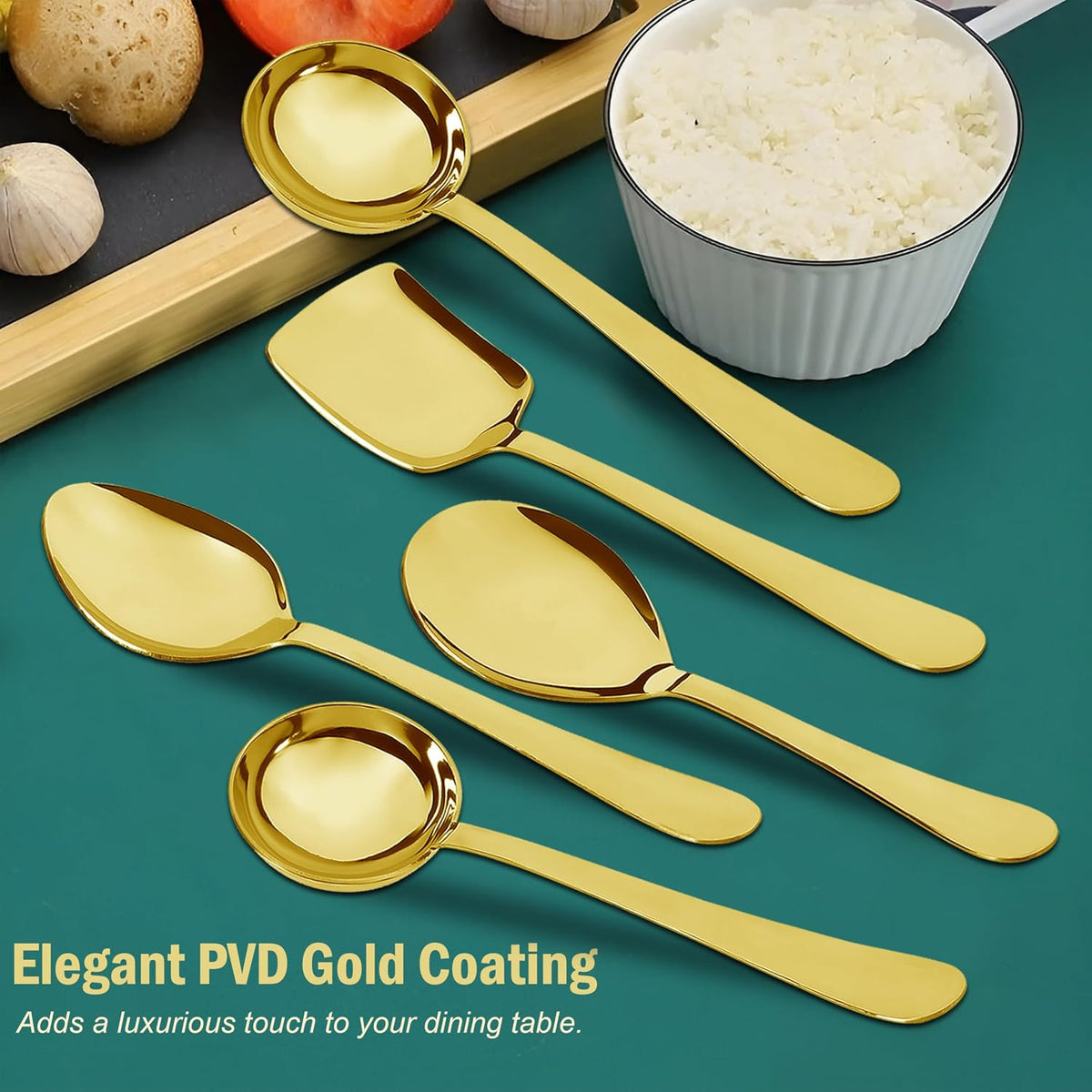 Parage 5 Pieces Stainless Steel Serving Spoons Set of 5 for Dining Table/Kitchen, 1.8 mm Heavy Gauge (2 Soup Ladle/Karchi, 1 Deep Turner, 1 Solid Spoon (Chamcha), 1 Rice Spoon) (Steel Gold, Pack of 5)