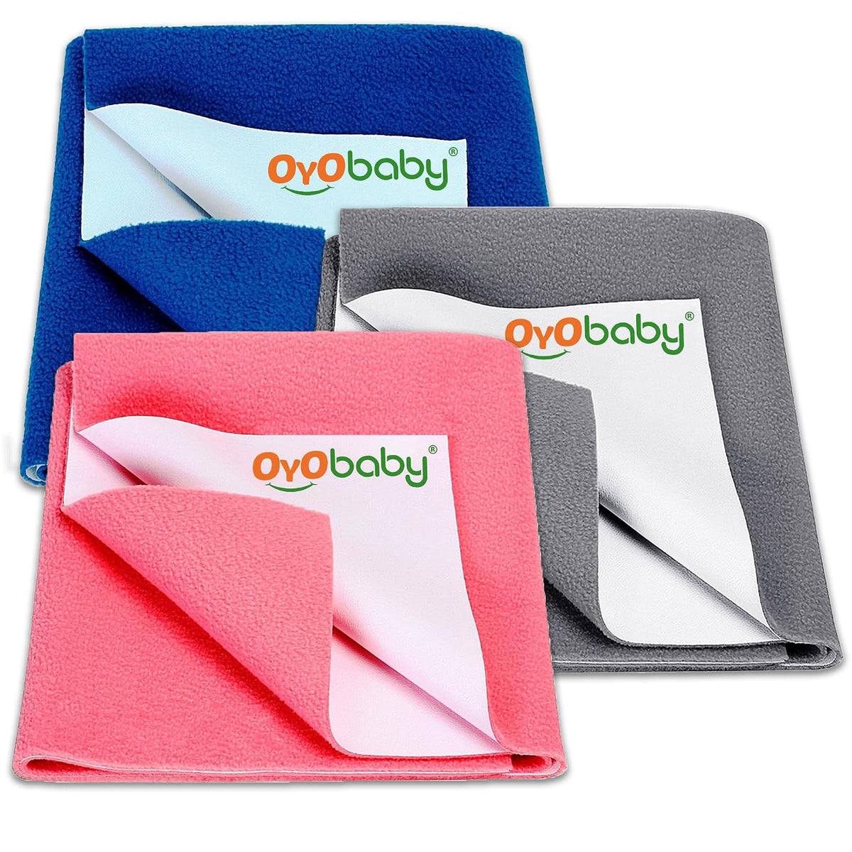 OYO BABY Dry Sheet for Baby - Medium Pack of 3 (70x100 cm) | Quick Dry & Absorbent Waterproof Bed Protector | Reusable Soft Breathable Mattress Sheet for New Born Baby (Royal Blue, Grey & Salmon Rose)