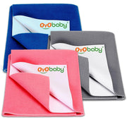 OYO BABY Dry Sheet for Baby - Medium Pack of 3 (70x100 cm) | Quick Dry & Absorbent Waterproof Bed Protector | Reusable Soft Breathable Mattress Sheet for New Born Baby (Royal Blue, Grey & Salmon Rose)