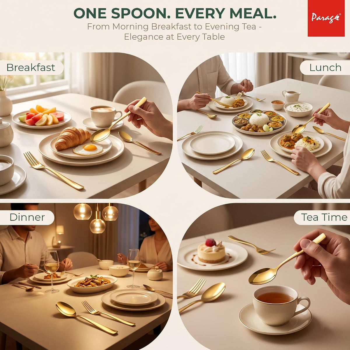 Parage 18 Pieces Stainless Steel Golden Spoon & Fork Set, Premium Cutlery Set for Home & Kitchen, Luxury PVD Gold Flatware for Elegant Dining (6 Pieces Each Table Spoons, Forks & Tea Spoons)