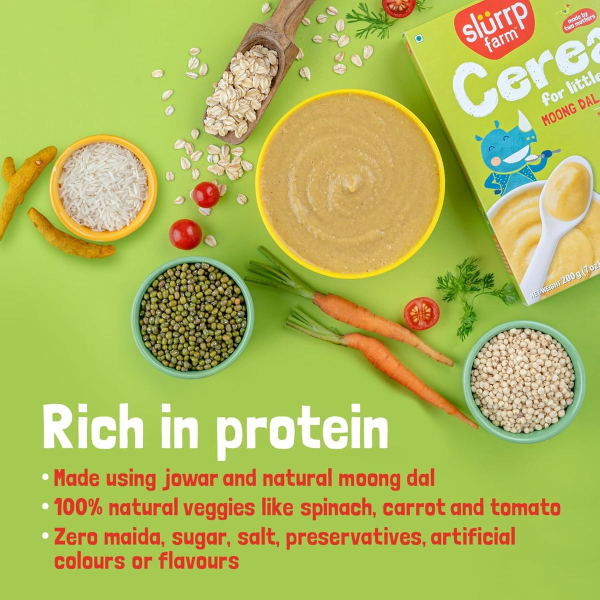 Slurrp Farm No Added Sugar Instant Moong Dal Khichdi for Little Ones | No Salt, No Milk | Healthy Cereals for Kids with Real Vegetables | Great for Travel | Easy to digest, 200g (Pack of 3)
