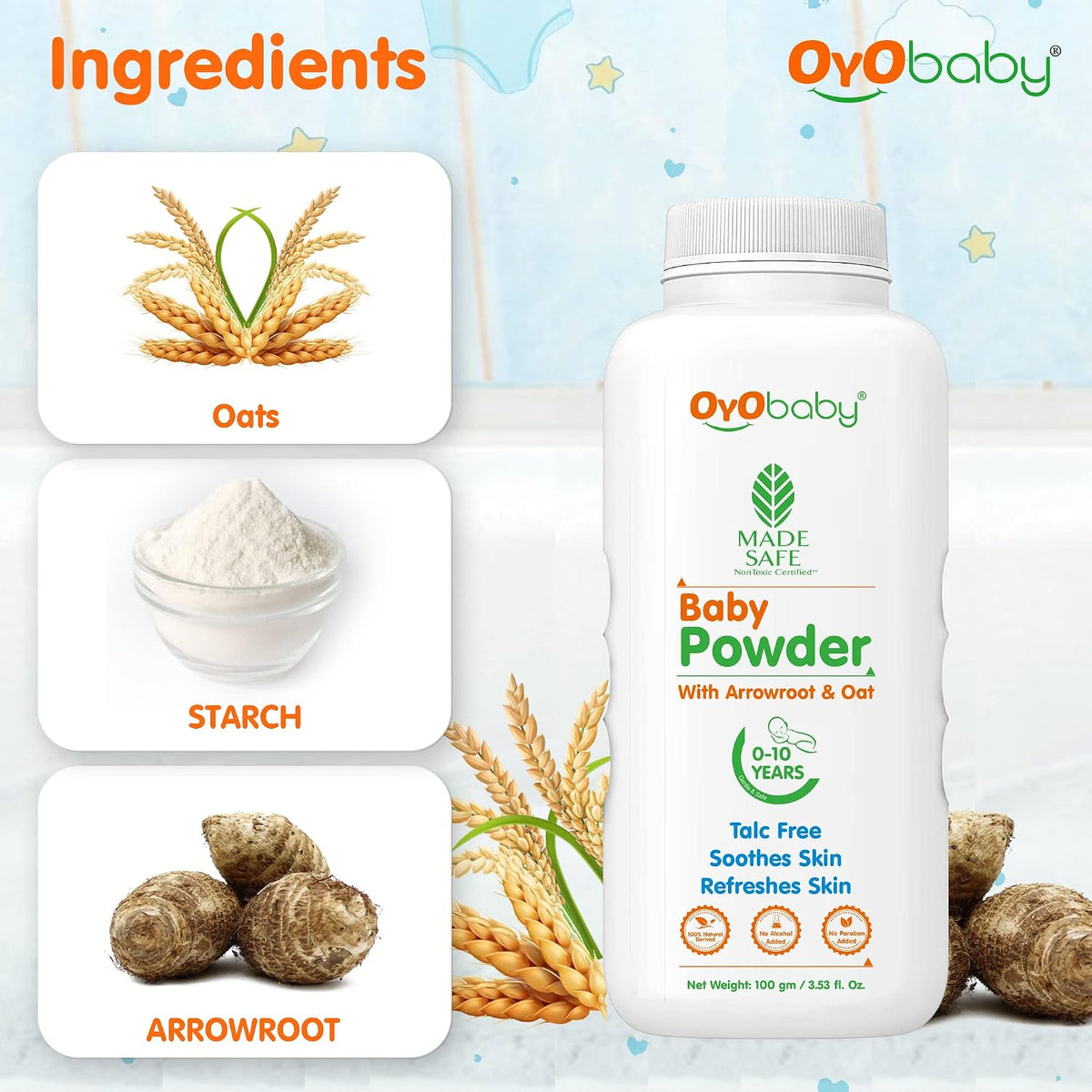 OYO BABY Gentle Baby Powder (Talc Free) For New Born Baby, Refreshes Baby’s Skin - Pack of 2 – 100gm
