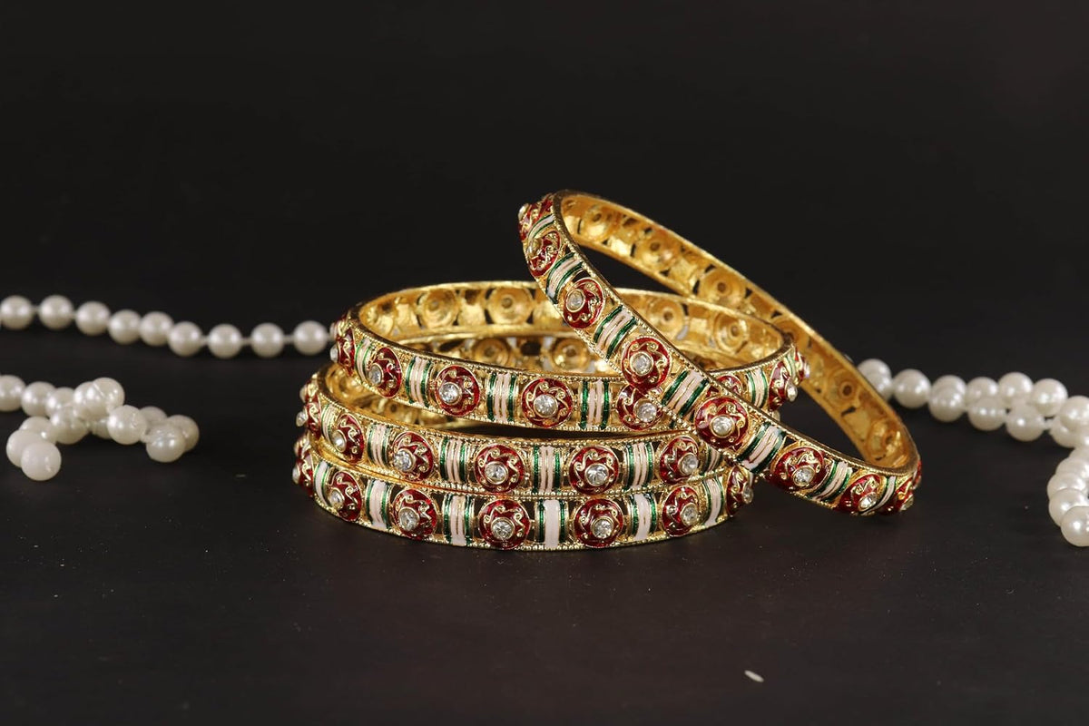 NMII Traditional Metal Bangles Set For Women & Girls with Golden Zircon Stones & Multicolour Finish | Designer Rajwadi Design Kangan | Premium Girls' Bangles Kada Set Wedding, Party, Festive- Set of 4