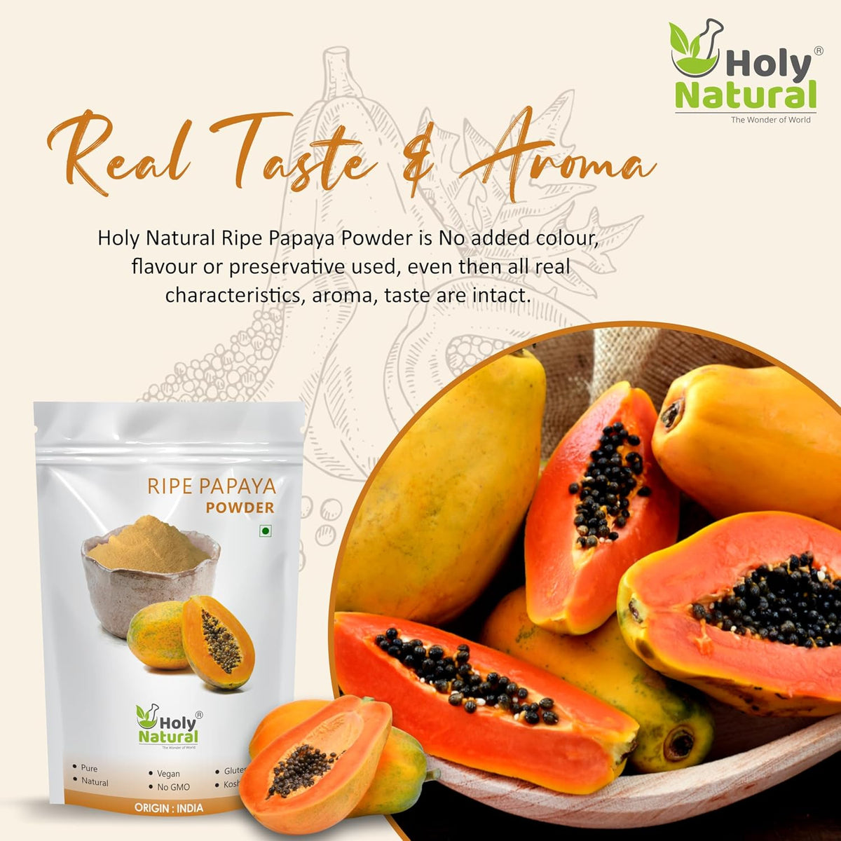 Holy Natural Ripe Papaya Fruit powder -100 GM | Also Called Carica papaya, papaw or pawpaw | Spray Dried Powder, Sugar Free, Rich source of phytonutrients, minerals and vitamins.