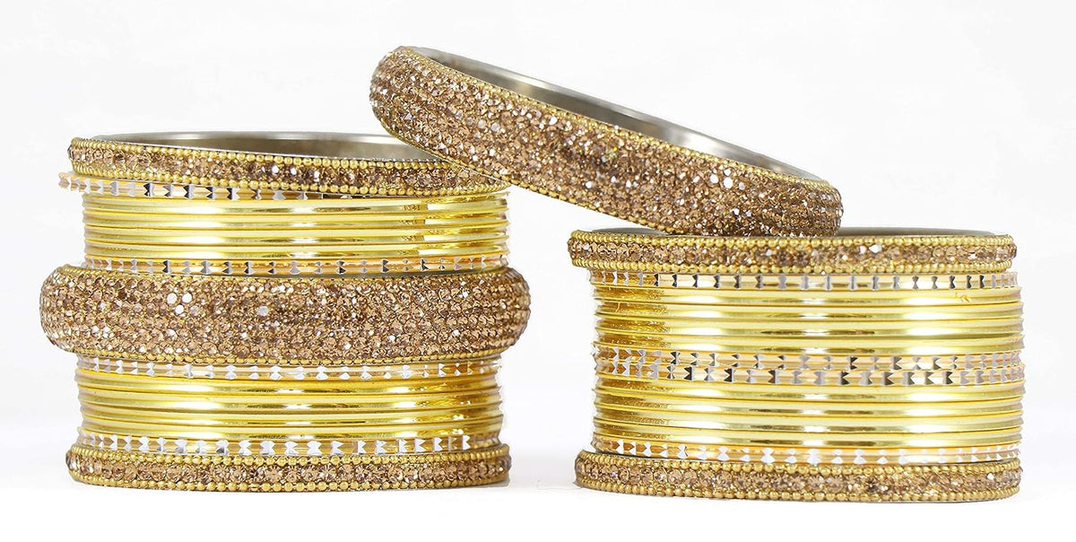NMII Traditional Plain Metal Bangles with Golden Zircon Stone For Women & Girls | Chuda Set For Bridal Women Wedding, Party, Occasion | Golden Chuda | Metal Bangles For Women- Set of 30