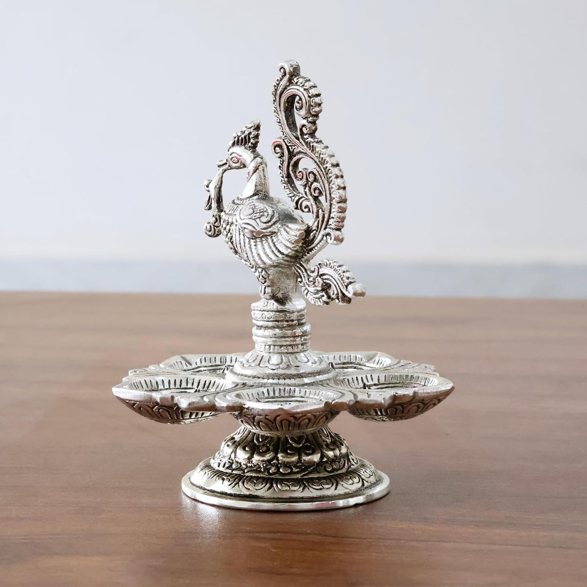 KridayKraft Traditional Silver-Plated Peacock Pooja Thali, 5-Compartment Diya Stand with Ornate Design