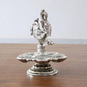 KridayKraft Traditional Silver-Plated Peacock Pooja Thali, 5-Compartment Diya Stand with Ornate Design