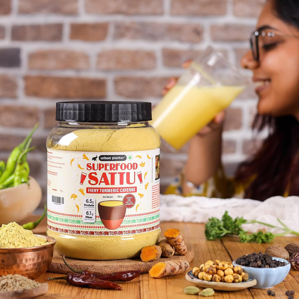 Urban Platter Turmeric Cayenne Superfood Sattu, 700g (High Protein & Fibre, Natural Coolant, Mid-Meal Drink, Traditional Plant Protein)