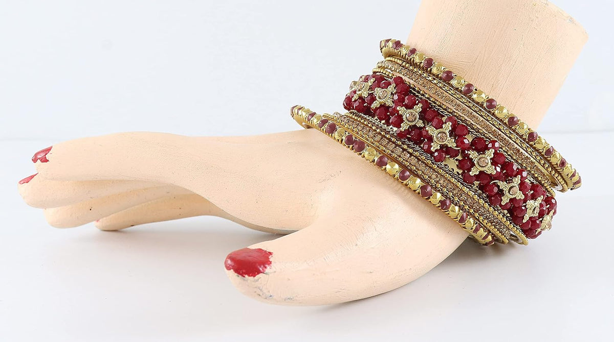 NMII Non-Precious Metal Base Metal with Zircon Gemstone Or Pearl and Flower Pattern with Ball Chain Linked Glossy Finished Bangle Set