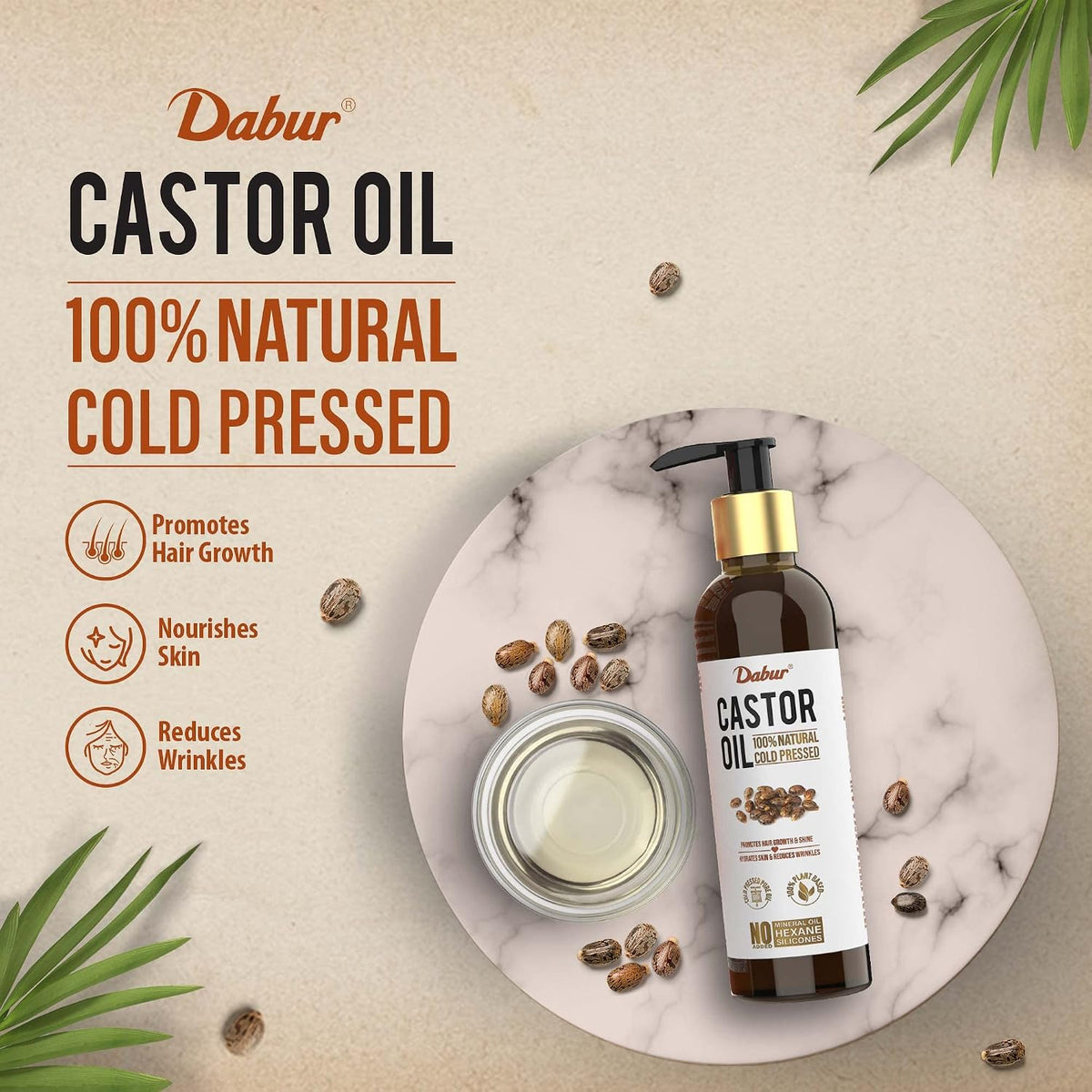 Dabur Castor Oil - 200ml | 100% Natural Cold Pressed Oil | Promotes Hair Growth, Hydrates Skin & Reduces Wrinkles | No Mineral Oil & Silicones (Pack of 2)