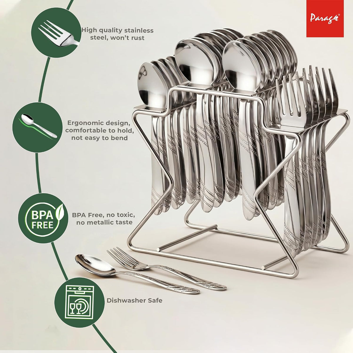 Parage Miracle Stainless Steel Cutlery Set of 25, Contains, Dinner Spoons Set of 6, Tea Spoon Set of 6, 6 Fork, 6 Soup Spoons, 1 Stylish Stand, Elegant Cutlery Set for Dining Table, Mirror Polished
