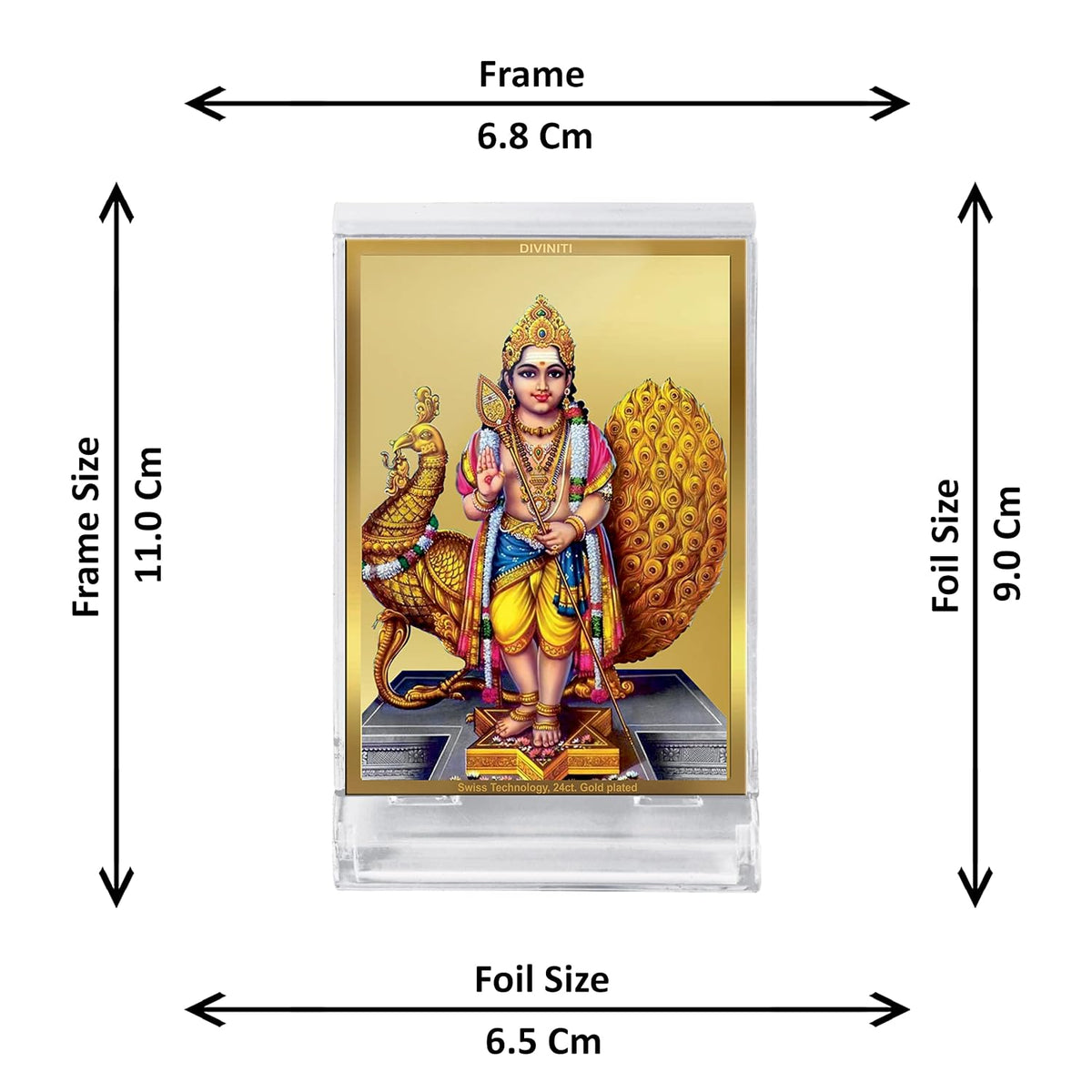 DIVINITI Karthikey Photo Frame for Car Dashboard, Home Decor, Table Decor| ACF 3 Acrylic Classic Karthikey and 24K Gold Plated Foil| Religious Frame Idol for Pooja, Gifts Items (11X6.8 CM)