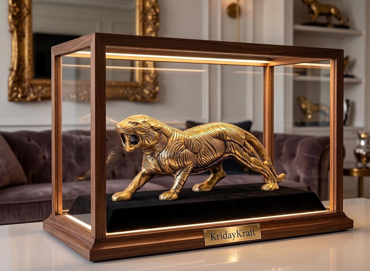 KridayKraft Golden Metal Antique Tiger/Jaguar/Panther/Sher Figurine Table Top Decorative,Feng Shui & Vanstu,Animal Showpiece Figurines...