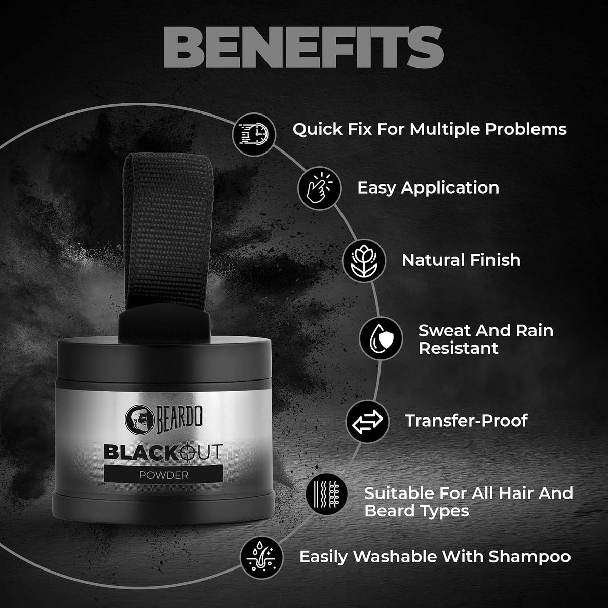 Beardo Blackout Hair Powder 4g - Black | Root Touch Up for Grey Hair | Instantly Covers Grey Roots, Beard Patches & Bald Spots | Thick Black Fiber Hairline Powder | Highly Pigmented, Long-Lasting & Matte Finish | Super-Fine Cover-up