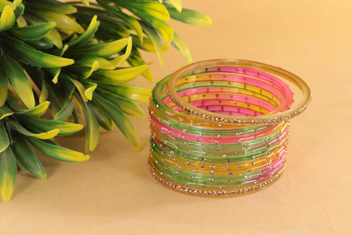 NMII Stylish Glass Bangles Set For Women & Girls With Studded Golden Gemstones | Bangle Set For Women | Crystal Glass Bangle Wedding, Daily, Festive - Set Of 24