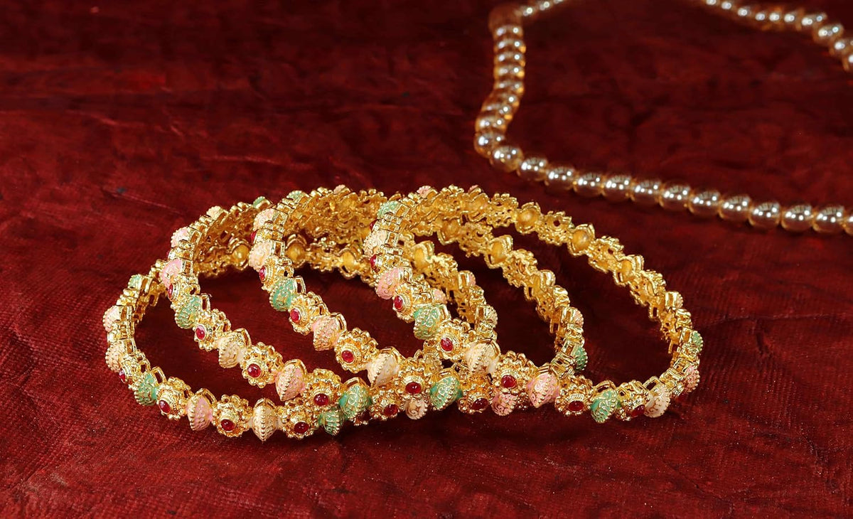 NMII Traditional Gold Plated Metal with Red Zircon GemStone Bangles Set For Girls & Women | Premium Rajwadi Kangan Set | Girl's Bangles Bracelet | Stylish Kada For Women