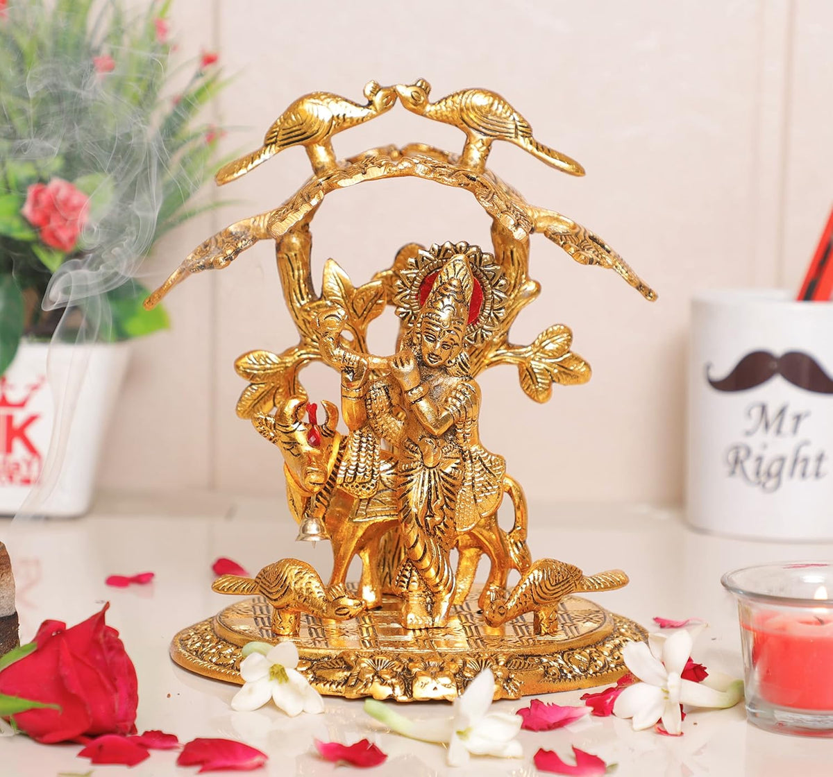 KridayKraft Krishna Playing Flute with Kamdhenu Cow Standing Under Tree Metal Statue for Pooja & Home Office Religious Idol Decorative Showpiece Table Top Figurines Murti for Decoration & Gift Purpose