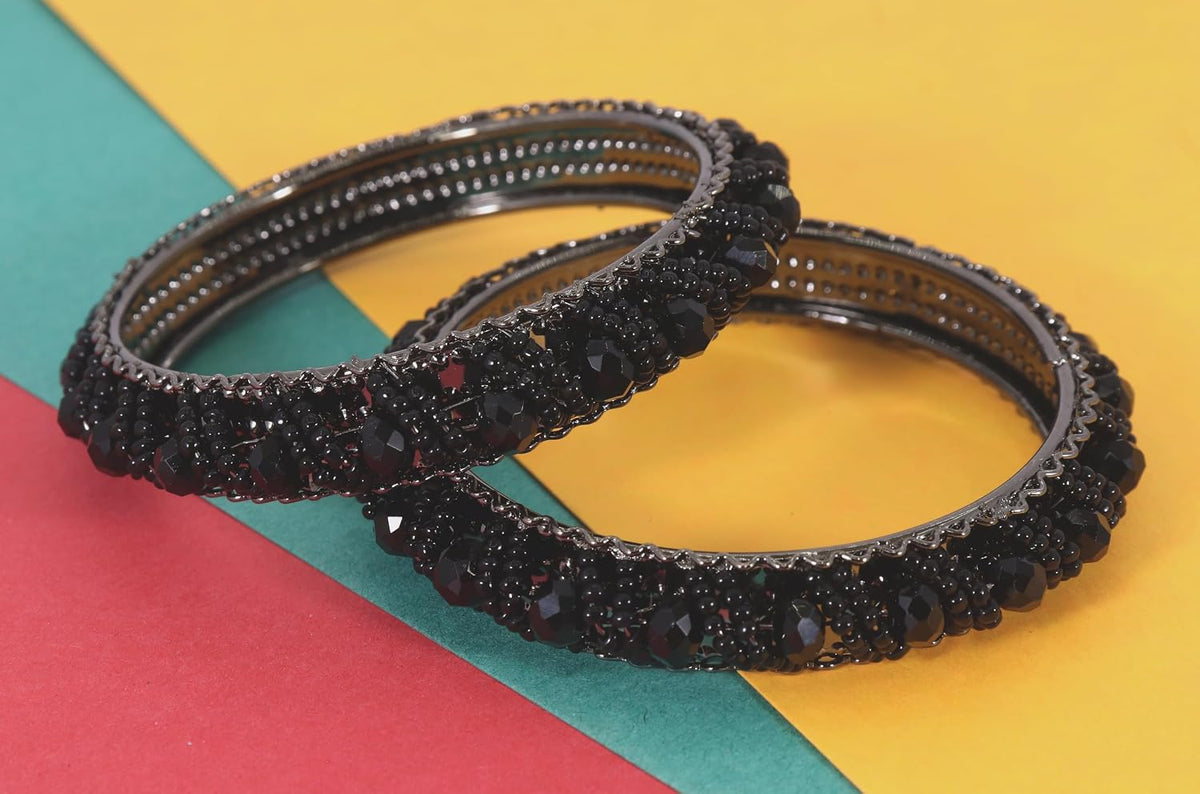 NMII Stylish Pearls & Alloy Metal Kada Set For Women and Girls | Metal Bangles For Women | Traditional Kada Bangles For Girls | Pearls Moti kada | black kada bangles for women, (MAH58_9001-Black-2.4)