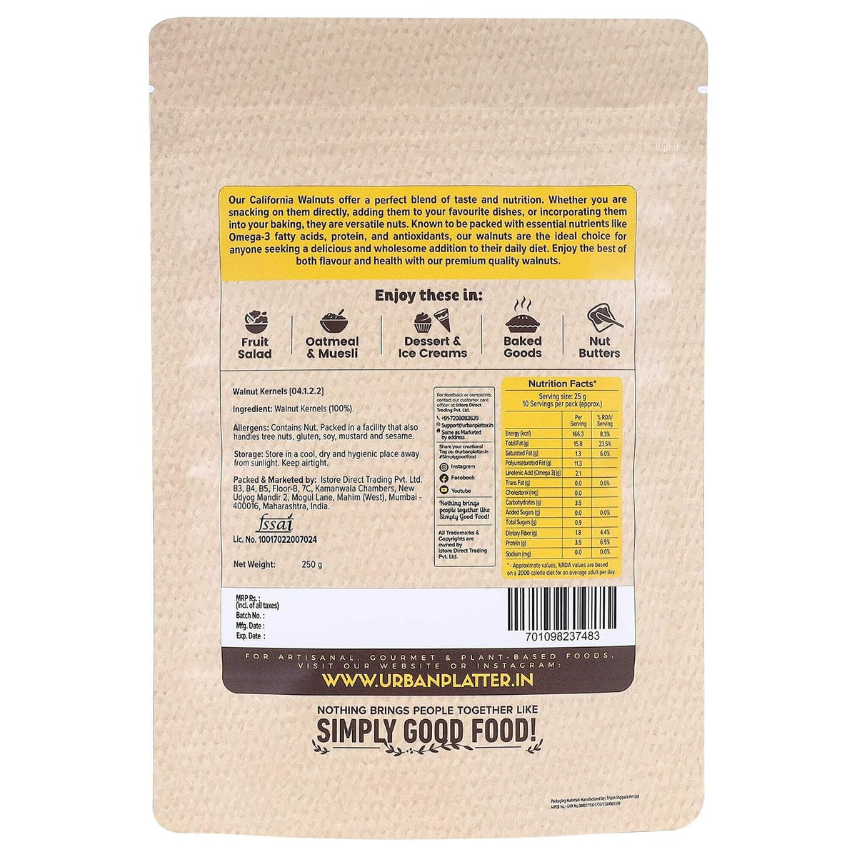 Urban Platter California Walnut Kernels, 250g (Shelled Halves | Rich in Omega-3 & Antioxidants | Heart-Healthy Snack)