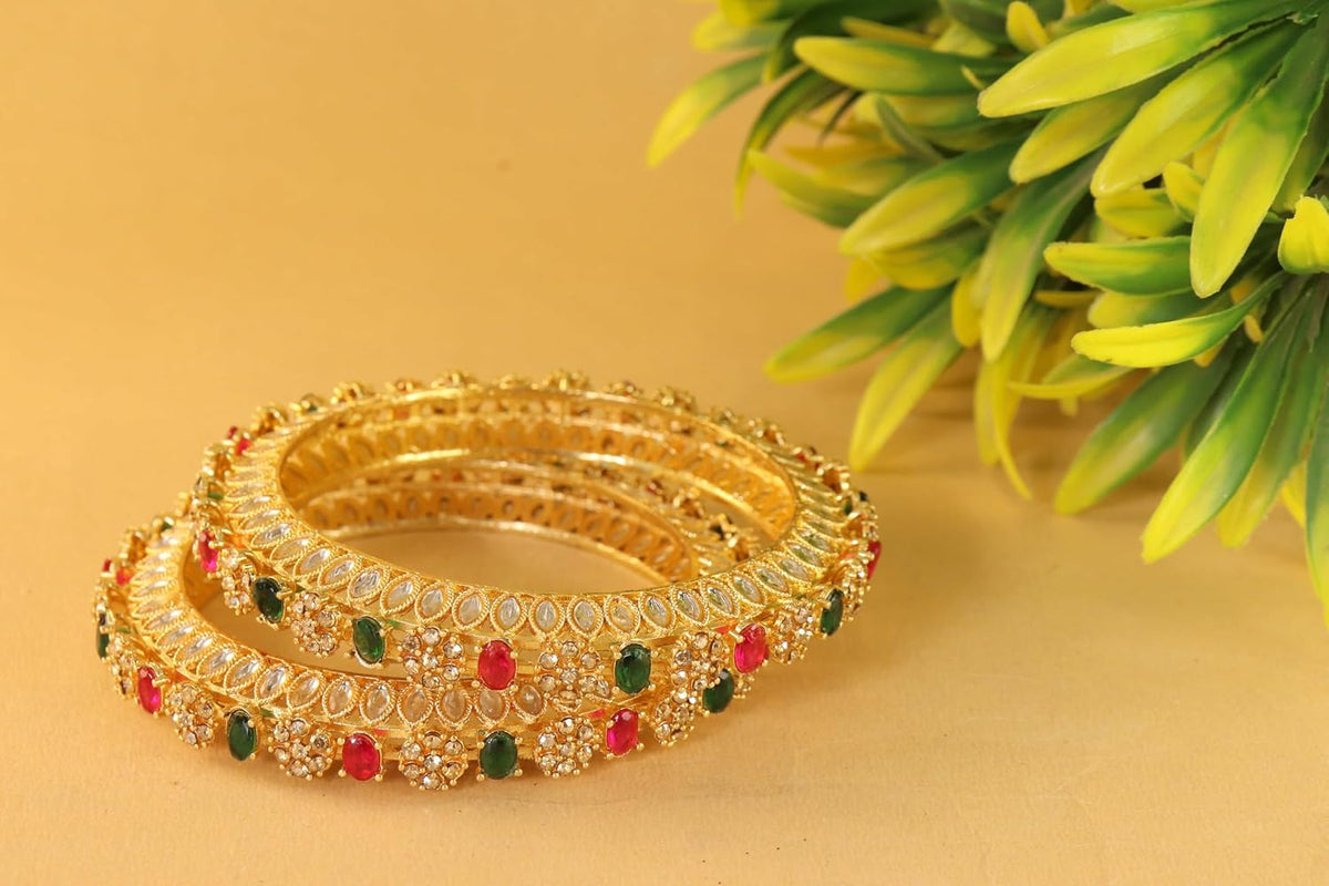 NMII Traditional Gold Plated Metal with Red Zircon GemStone Bangles Set For Girls & Women | Premium Rajwadi Kangan Set | Girl's Bangles Bracelet | Stylish Kada For Women