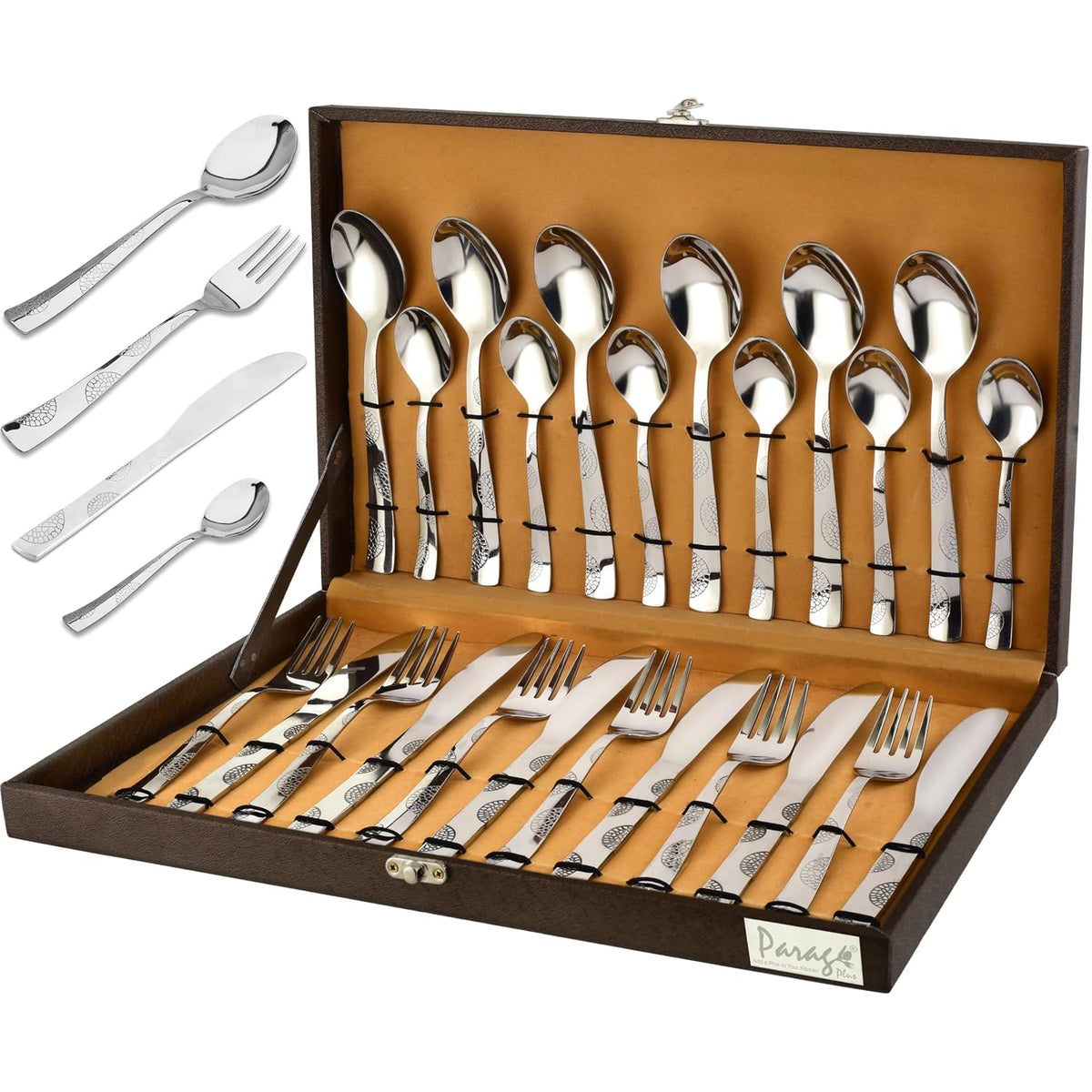 Parage 24 Pieces Premium Stainless Steel Cutlery Set, Home & Kitchen with Gift Box (6 Pieces Each Table Spoons, Table Forks, Tea Spoons, Butter Knife) with Leatherite Box
