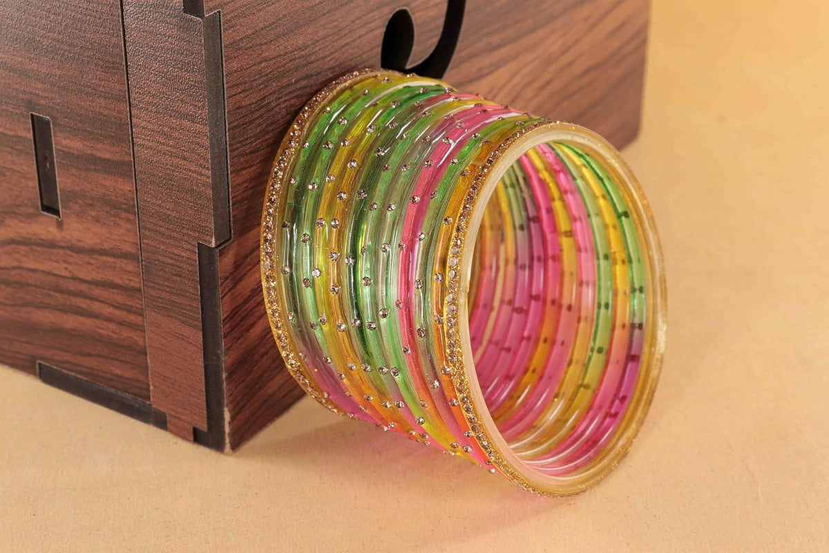NMII Stylish Glass Bangles Set For Women & Girls With Studded Golden Gemstones | Bangle Set For Women | Crystal Glass Bangle Wedding, Daily, Festive - Set Of 24
