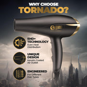BEARDO Studio Professional Tornado Hair Dryer With 2000 Watts Power|Ac Motor, Concentrator, Diffuser, 2 Speeds, 3 Temperature Settings & Cool Shot Feature|For Professional Drying Experience|Black