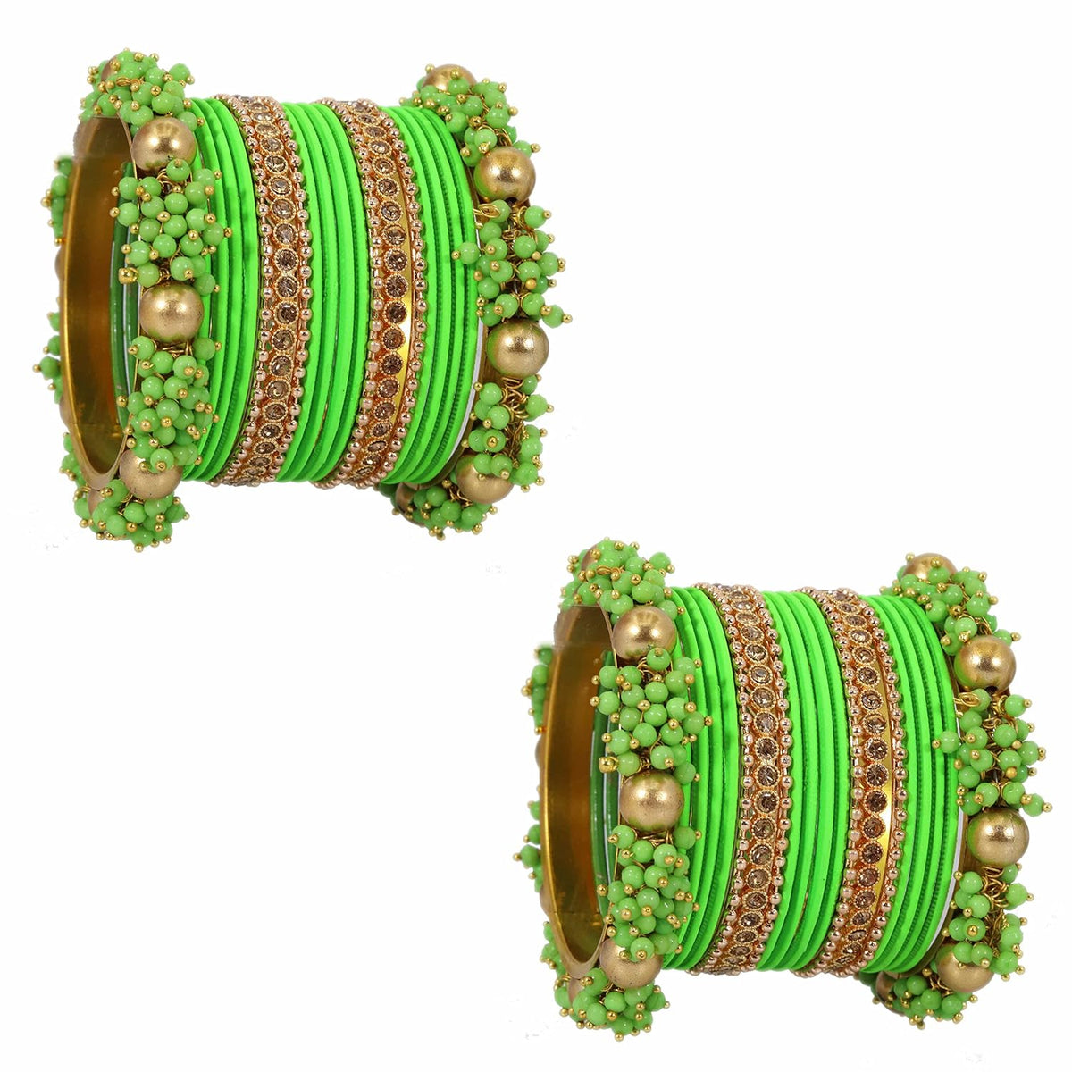 NMII Metal with Base Metal and Zircon Gemstone with Pearls Studded Matte with Glossy Finished Traditional Bangle Chuda set for Women and Girls