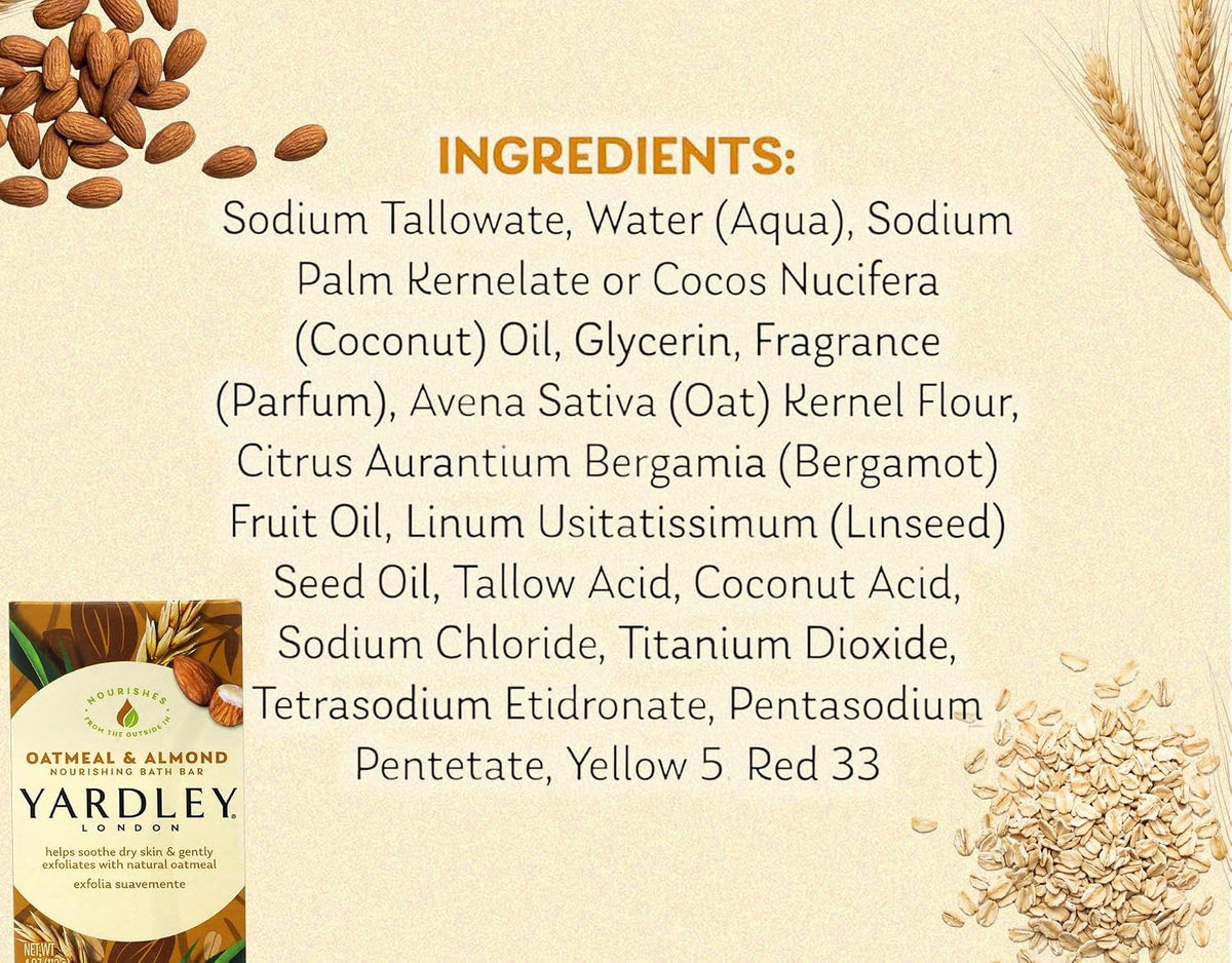 Yardley London Moisturizing Bar Oatmeal & Almond with Natural Oats 4.25 oz (Pack of 2)