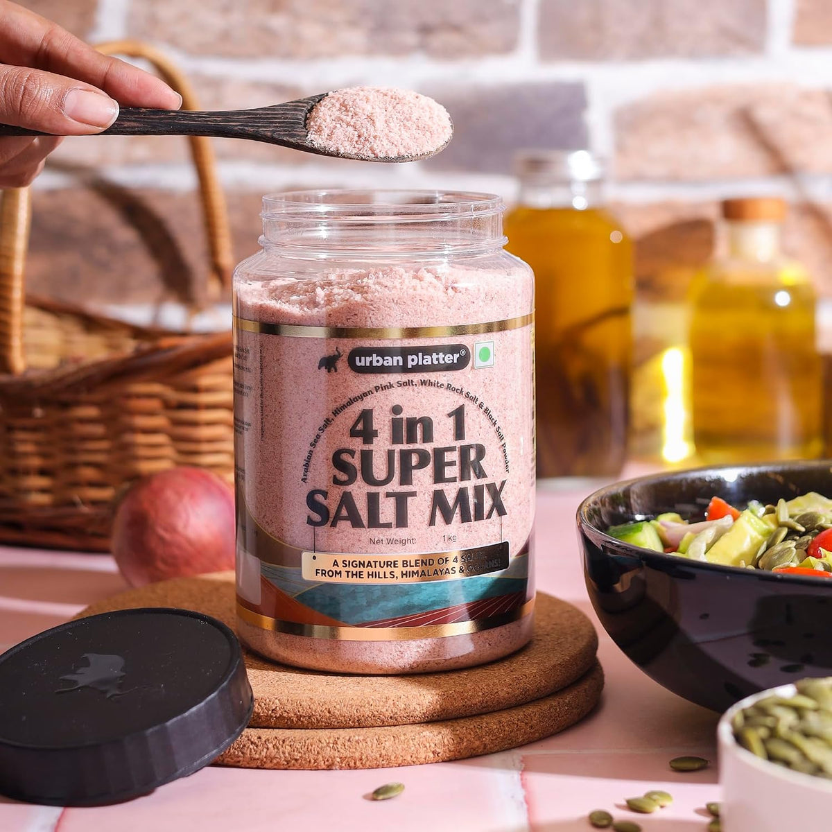 Urban Platter 4 in 1 Super Salt Mix, 1kg (Pink Himalayan Salt, White Rock Salt, Black Salt & Arabian Sea Salt | Signature Blend of Origin Salts | Everyday Cooking Essential)