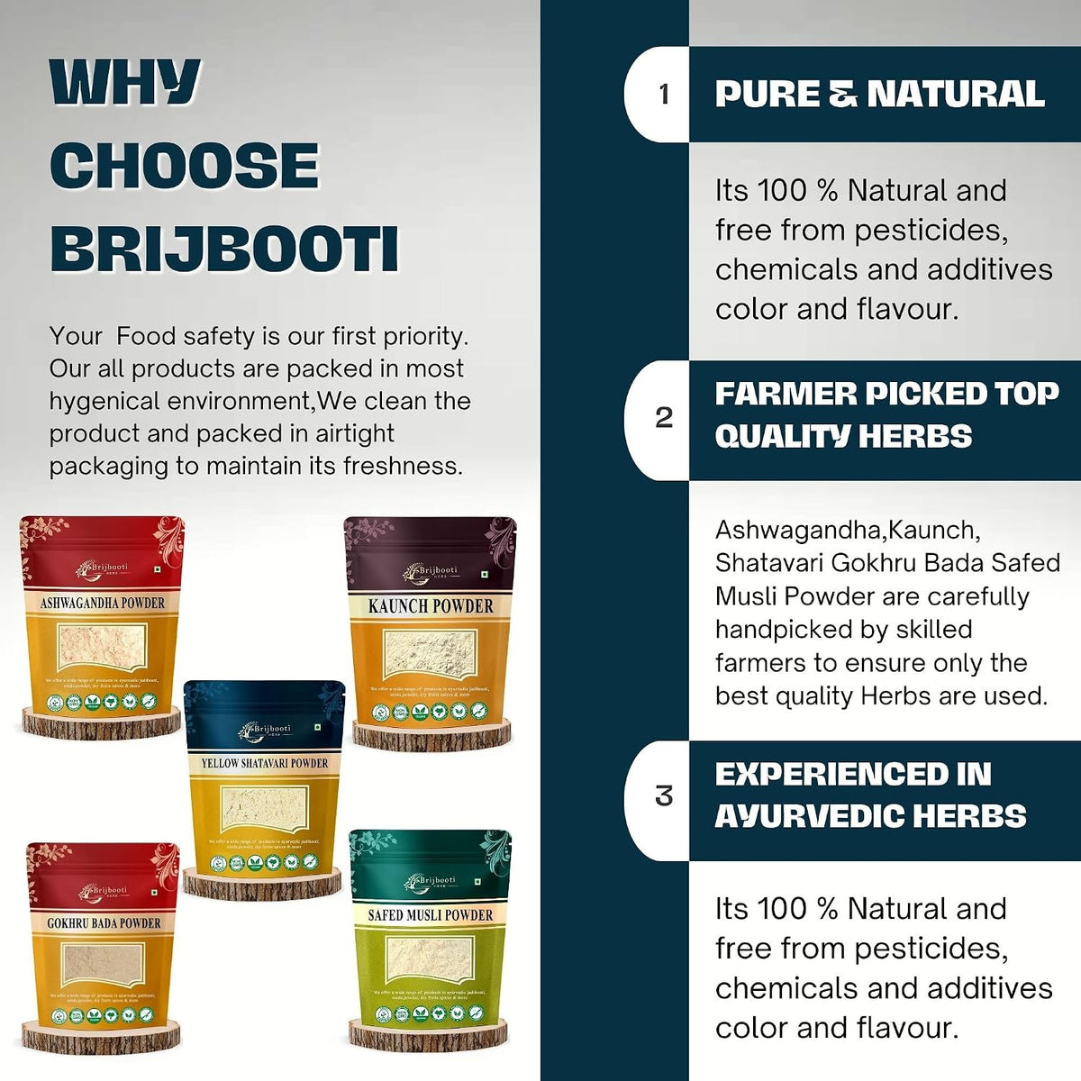 Brijbooti Safed Musli - Ashwagandha - Kaunch - Shatavari - Gokhru Bada (Powder) 180 Gr Each