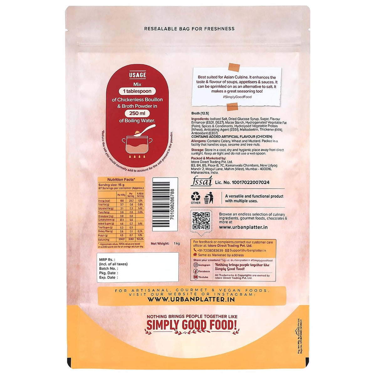 Urban Platter Vegan Chicken-less Bouillon & Broth Powder, 1kg (Plant-Based | Instant Soup Base | MSG-free | Umami-Rich)