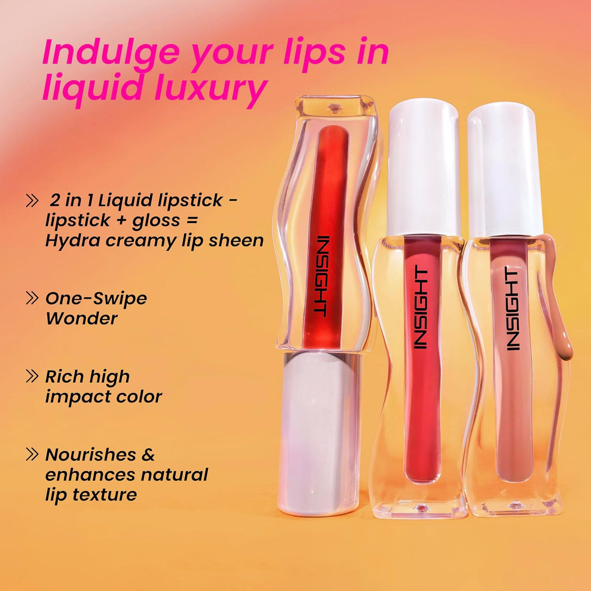 INSIGHT Hydra Creamy Lip Sheen - Runway Rose | Glossy Finish | 2 in 1 Lipstick + Gloss | Infused with Ceramides & Vitamin B5 | One Swipe Rich Color (2.5 g) (Pack of 2)