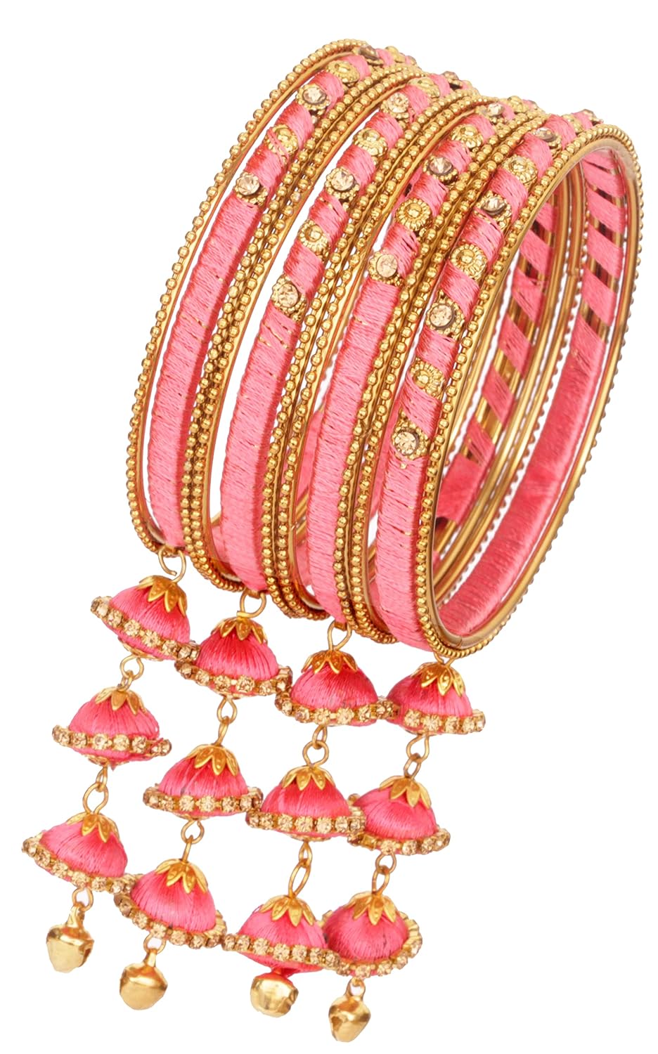 NMII Metal & Silk Thread Jhumka Zircon Latkan Stylish Bangles Set For Women's and Girls | Women's Fancy Latkan Bangles Set | Ethnic Fashion Jewellery- Set of 12 Bangle, (G405_Watermelon-2.8(2.8))