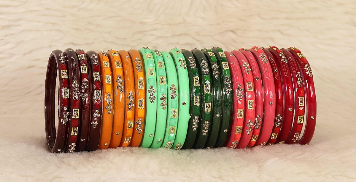 NMII MultiColour Glass Kada Set For Women & Girls with Golden Zircon Stone & Beads | Bangles For Women Glass | Kada For Women | Colourful Bangles for Women | Glass Bangles Combo- Set of 24